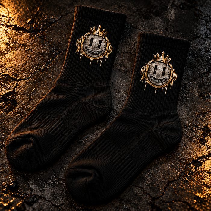 Black crew socks with the crowned smiley