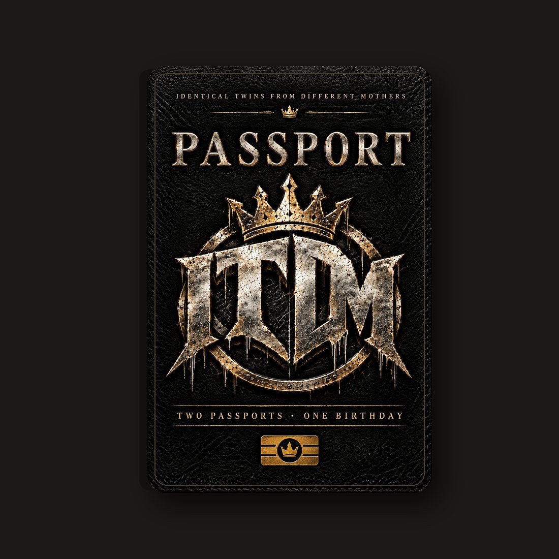 Black faux-leather passport cover with the ITDM crest, Passport, Two Passports · One Birthday