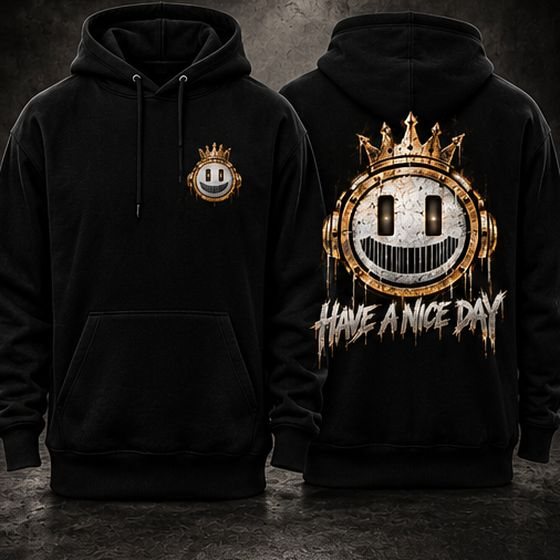 Black hoodie with the Have a Nice Day smiley, big print on the back