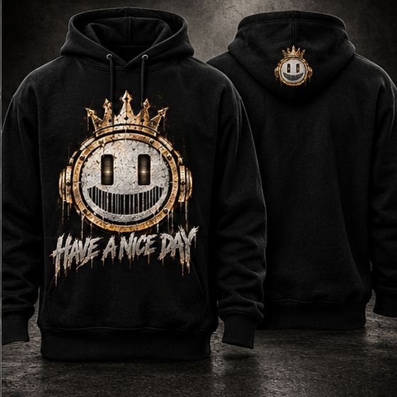 Black hoodie with the Have a Nice Day smiley, big print on the front