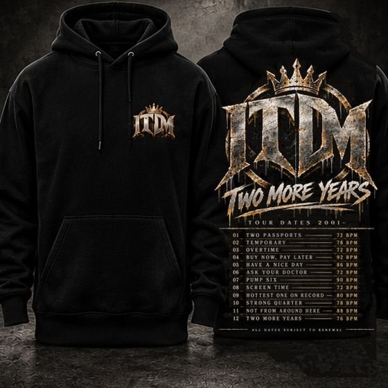 Black hoodie with the ITDM tour dates design, big print on the back