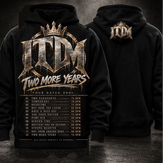 Black hoodie with the ITDM tour dates design, big print on the front