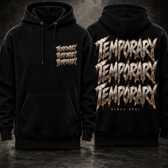 Black hoodie with the Temporary design, big print on the back