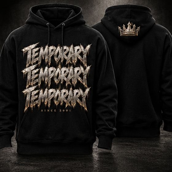 Black hoodie with the Temporary design, big print on the front