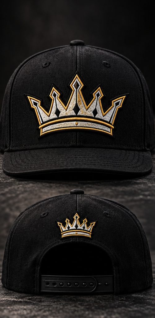 Black snapback with embroidered crown, front and back