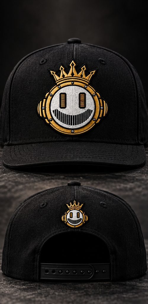 Black snapback with embroidered crowned smiley, front and back