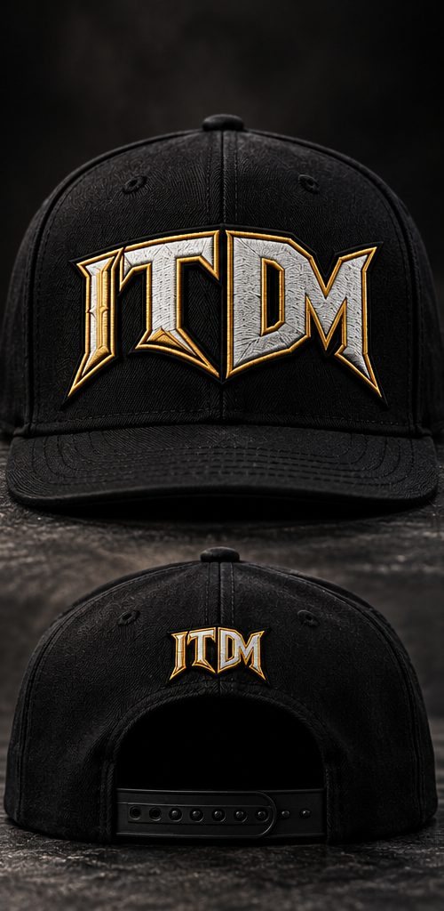 Black snapback with gold and white ITDM embroidery, front and back