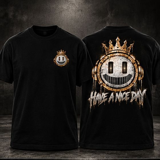 Black tee with the Have a Nice Day smiley, big print on the back