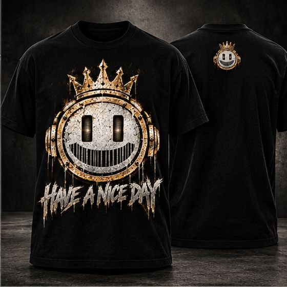 Black tee with the Have a Nice Day smiley, big print on the front