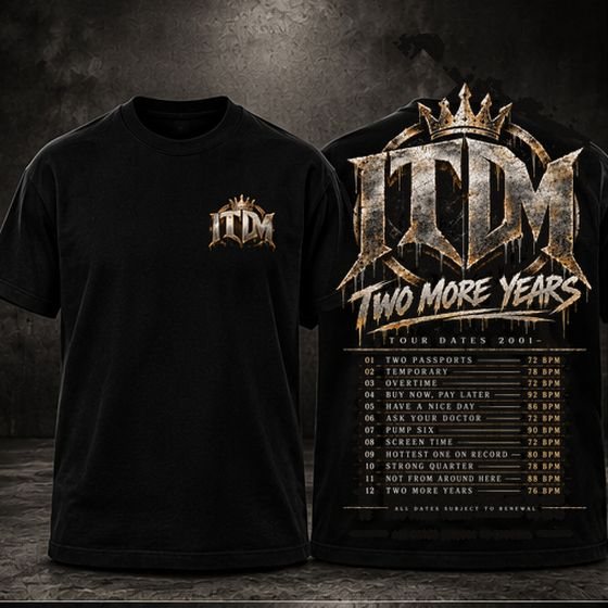 Black tee with the ITDM tour dates design, big print on the back