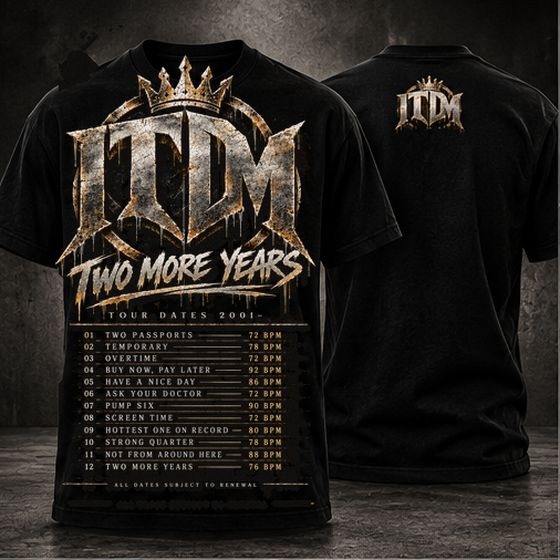 Black tee with the ITDM tour dates design, big print on the front