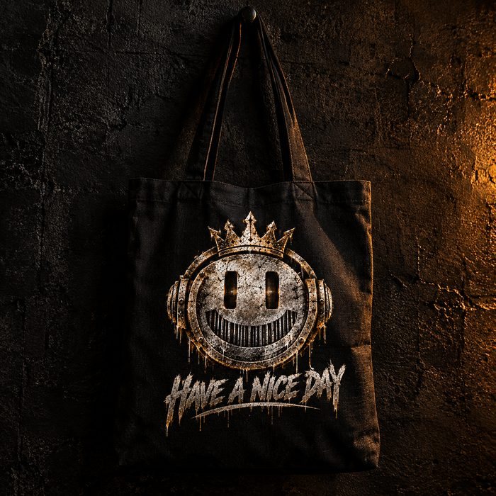 Black tote bag with the Have a Nice Day smiley