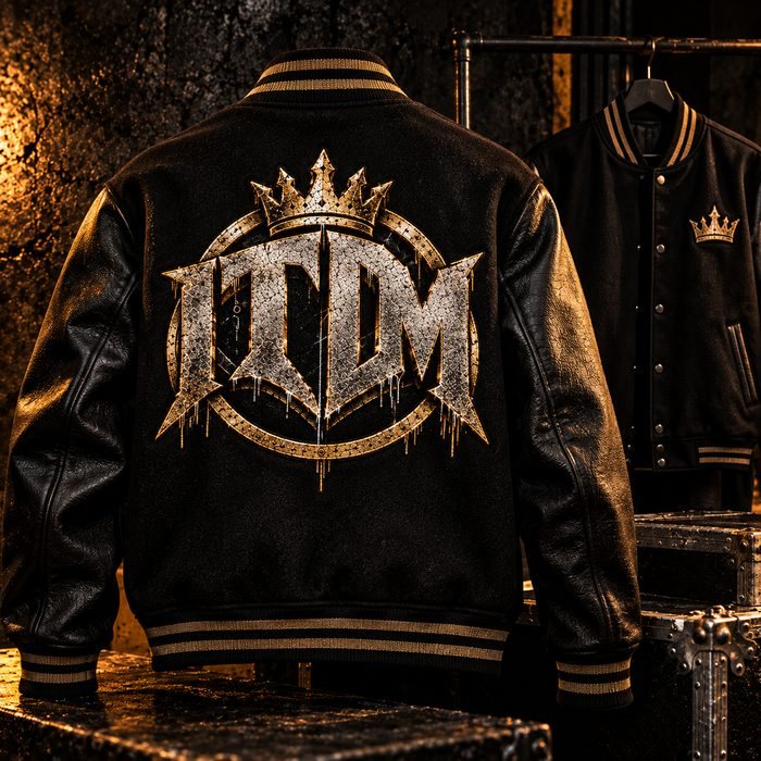 Black varsity jacket with leather sleeves and a large ITDM crest on the back