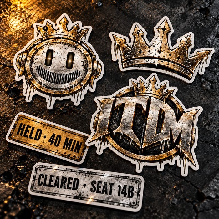 Five ITDM stickers: smiley, crown, ITDM crest, Held and Cleared stamps