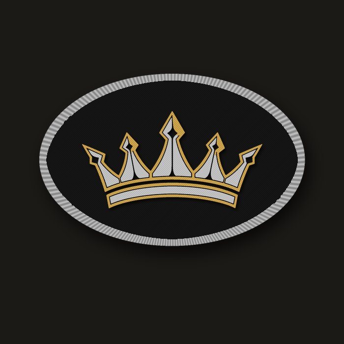 Oval black embroidered patch with a grey and gold crown