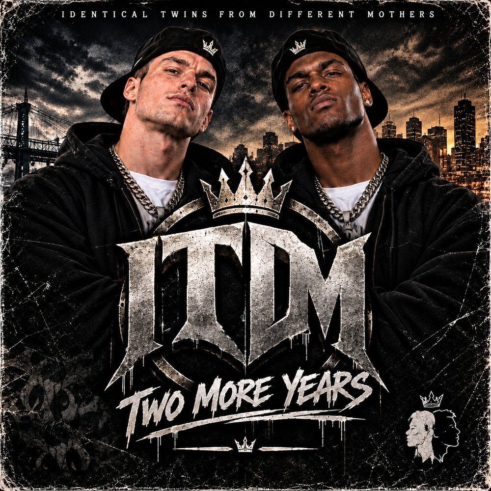 Album cover: Cain and Able in caps and chains in front of a city skyline, the ITDM crest and the title Two More Years between them